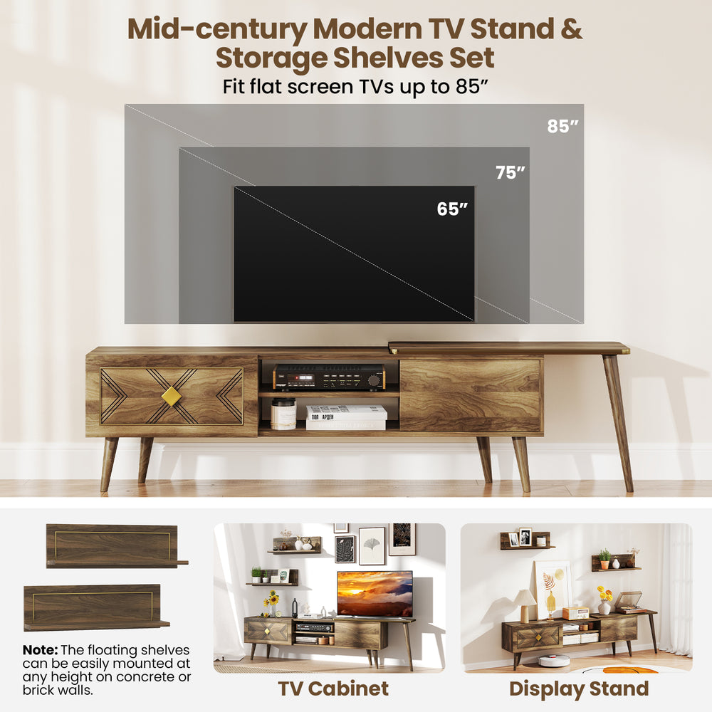 Mid-century modern TV stand in walnut with open compartments and wall-mounted shelves, fits TVs up to 85 inches.