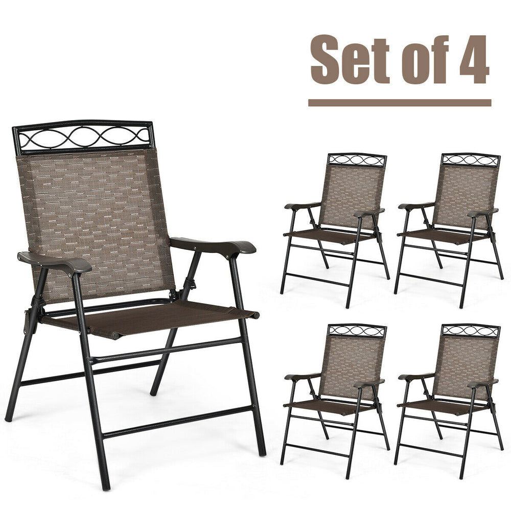 Set of 4 patio folding chairs featuring a heavy-duty steel frame and breathable fabric, ideal for outdoor activities.