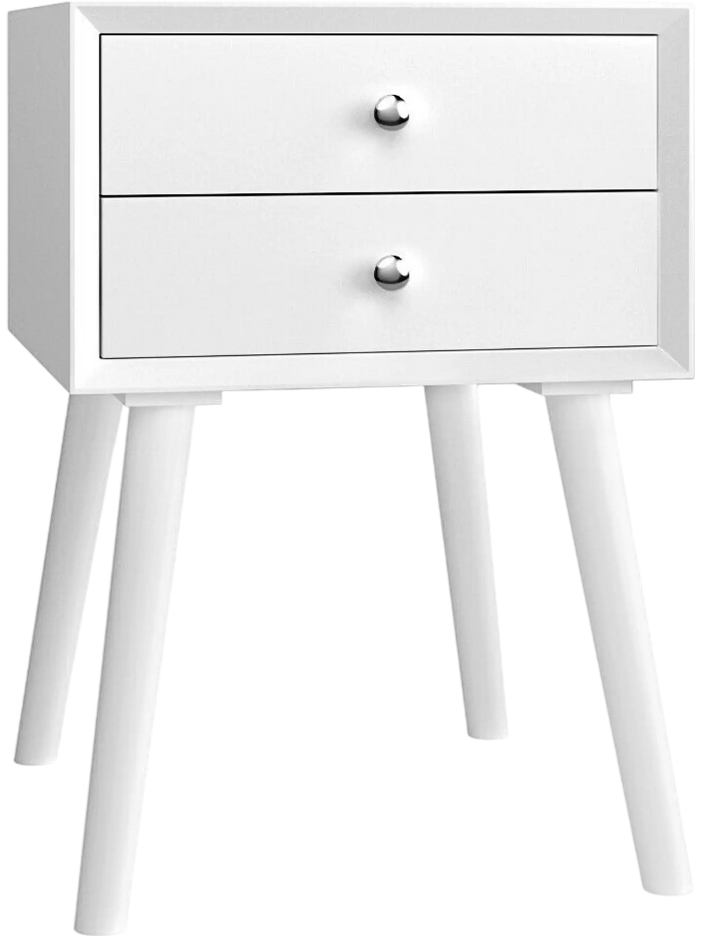 White wooden nightstand with two storage drawers, sturdy design, perfect for bedroom decor and efficient space use.