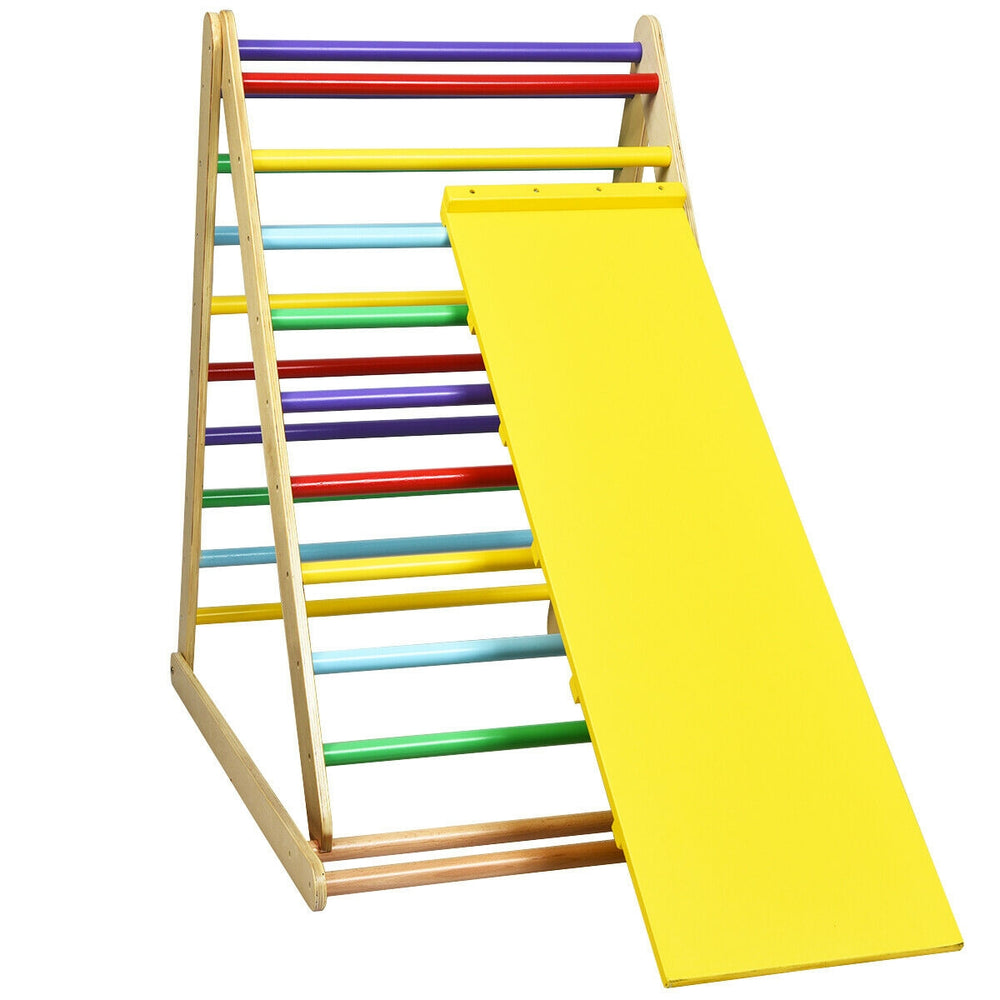 Foldable wooden climbing triangle with a yellow slide, designed for kids' indoor play and sports skill development.