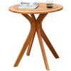 Round solid wood coffee side bistro table with X-shaped legs, varnished for waterproofing, ideal for outdoor or indoor.