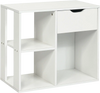 3-tier side table in white with storage shelf and drawer, made of durable particle board for versatile use.