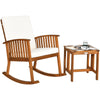 Acacia wood patio rocking chair and table set with thick cushions, perfect for outdoor relaxation in rustic teak color.