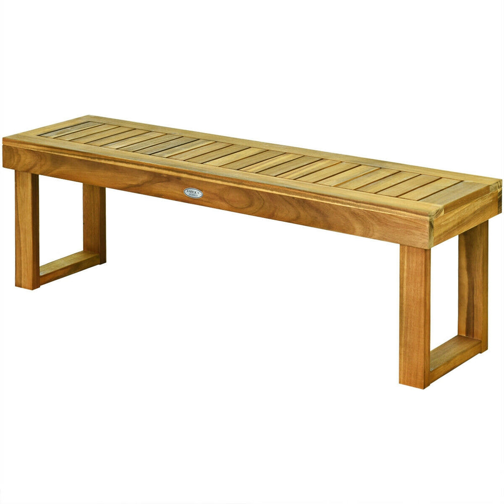 52-inch acacia wood dining bench with slatted seat, natural teak color, perfect for patio or indoor use.
