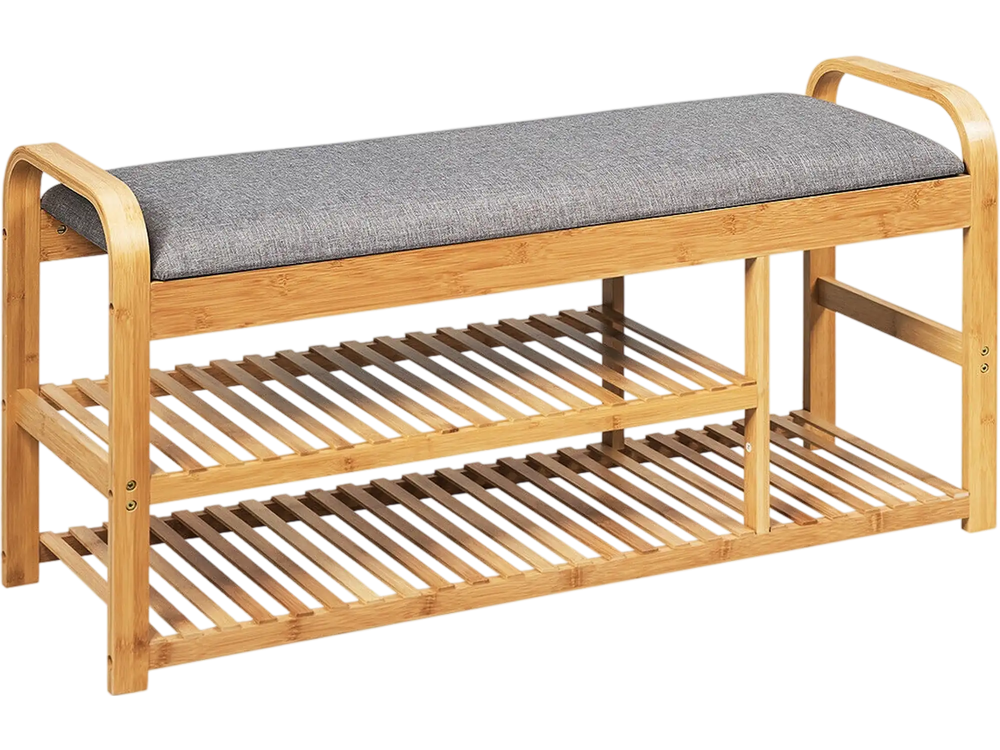 Bamboo shoe rack bench with cushion, featuring three tiers and ergonomic design, ideal for entryway or bedroom seating.