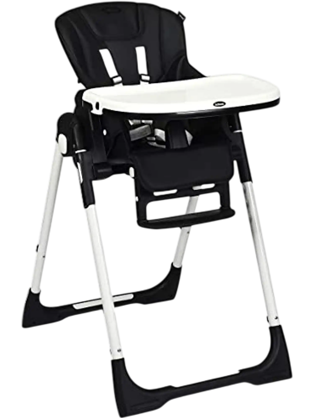 Foldable high chair in black with adjustable backrest, 5-point safety harness, and detachable dishwasher-safe tray.