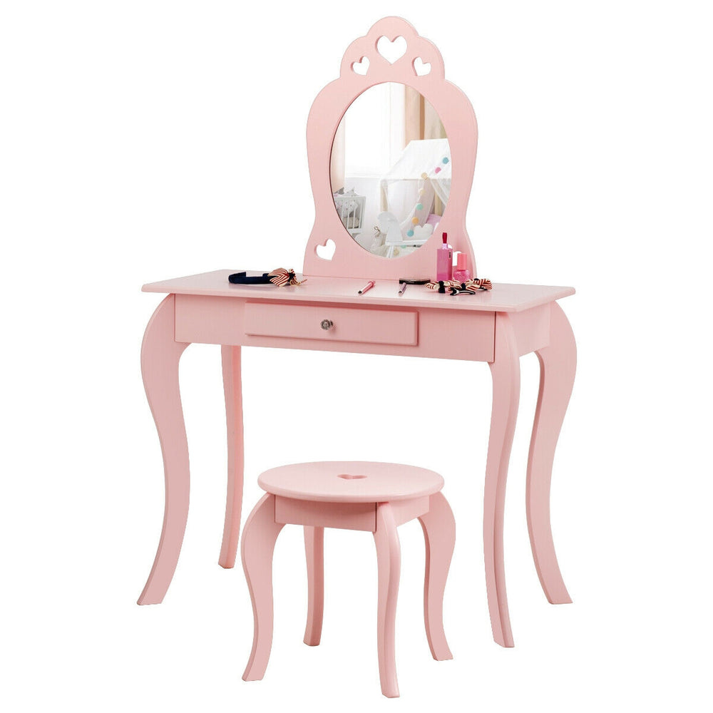 Kids pink makeup dressing table set with mirror, sturdy MDF and pine wood, ideal for bedroom or playroom use.