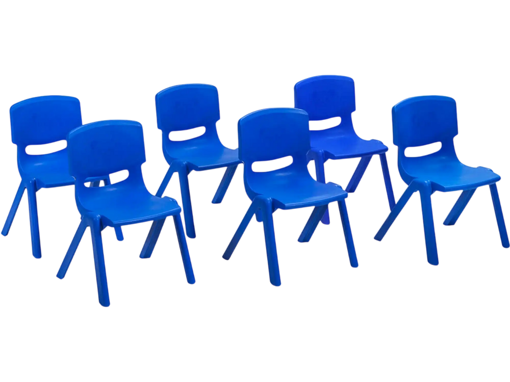 Set of six blue plastic stackable classroom chairs for kids, ASTM certified, weather-resistant, ideal for indoor and.