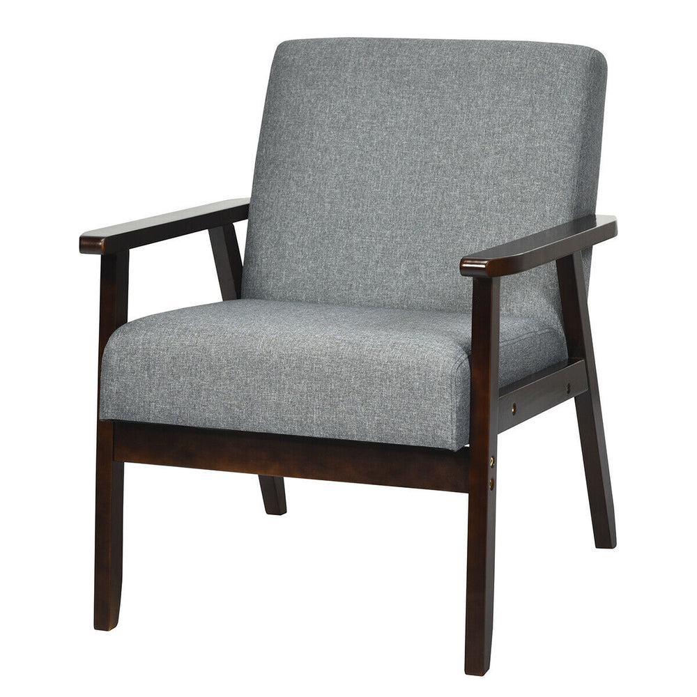 Gray fabric accent armchair with solid rubber wood frame, ergonomic armrests, and thick cushion for maximum comfort.