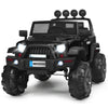 Black 12V kids ride-on truck with remote control, LED lights, and spacious seat for safe outdoor fun.