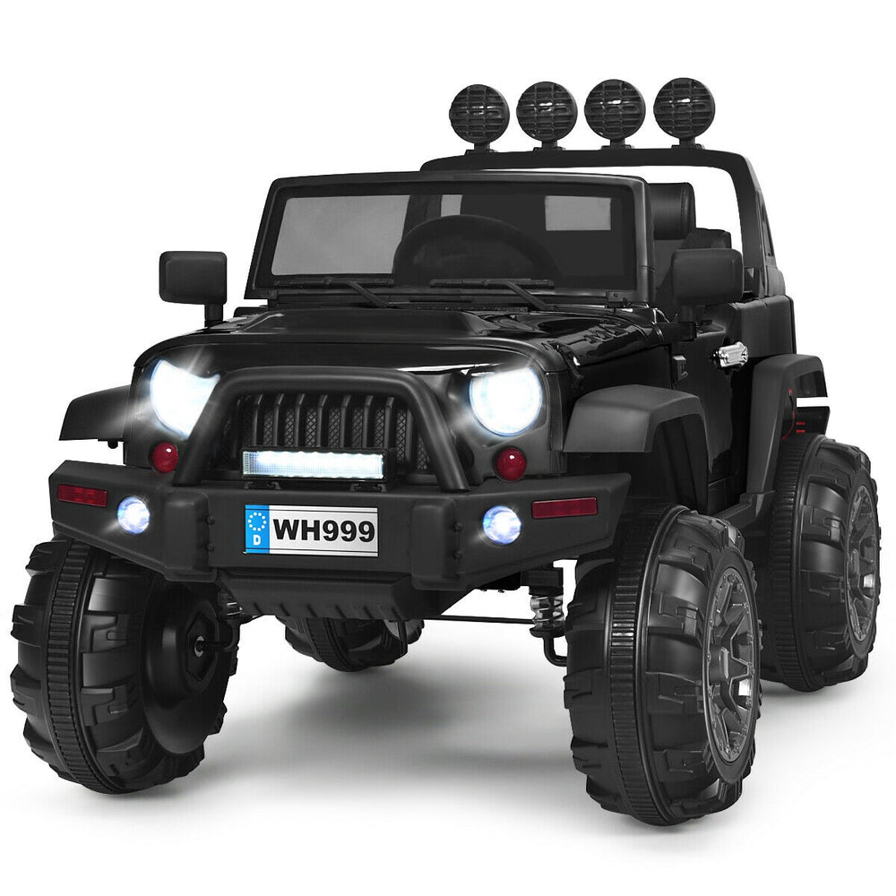 Black 12V kids ride-on truck with remote control, LED lights, and spacious seat for safe outdoor fun.