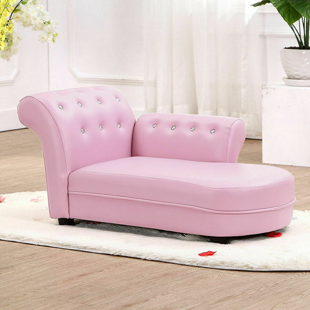 Pink armrest chaise lounge kids sofa with gem-studded design, ideal for comfort during slumber parties and leisure.