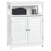 White bathroom storage cabinet showcasing a spacious open shelf and double shutter doors for stylish organization.