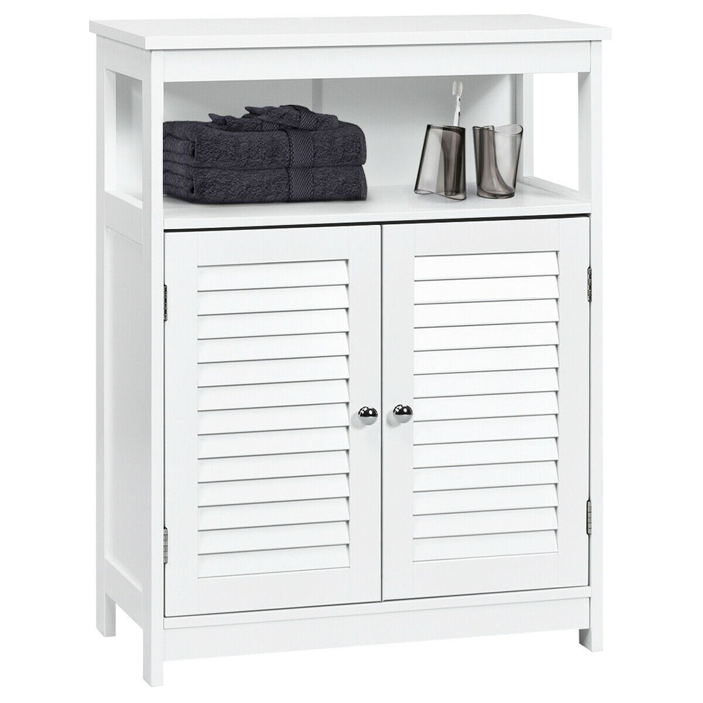 White bathroom storage cabinet showcasing a spacious open shelf and double shutter doors for stylish organization.