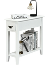 Narrow white 2-tier end table with drawer and lower shelf, made of P2 MDF and rubber wood, ideal for small spaces.