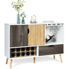 Mid-century buffet sideboard featuring a large drawer, wine glass holder, and sturdy pine legs for stable kitchen.