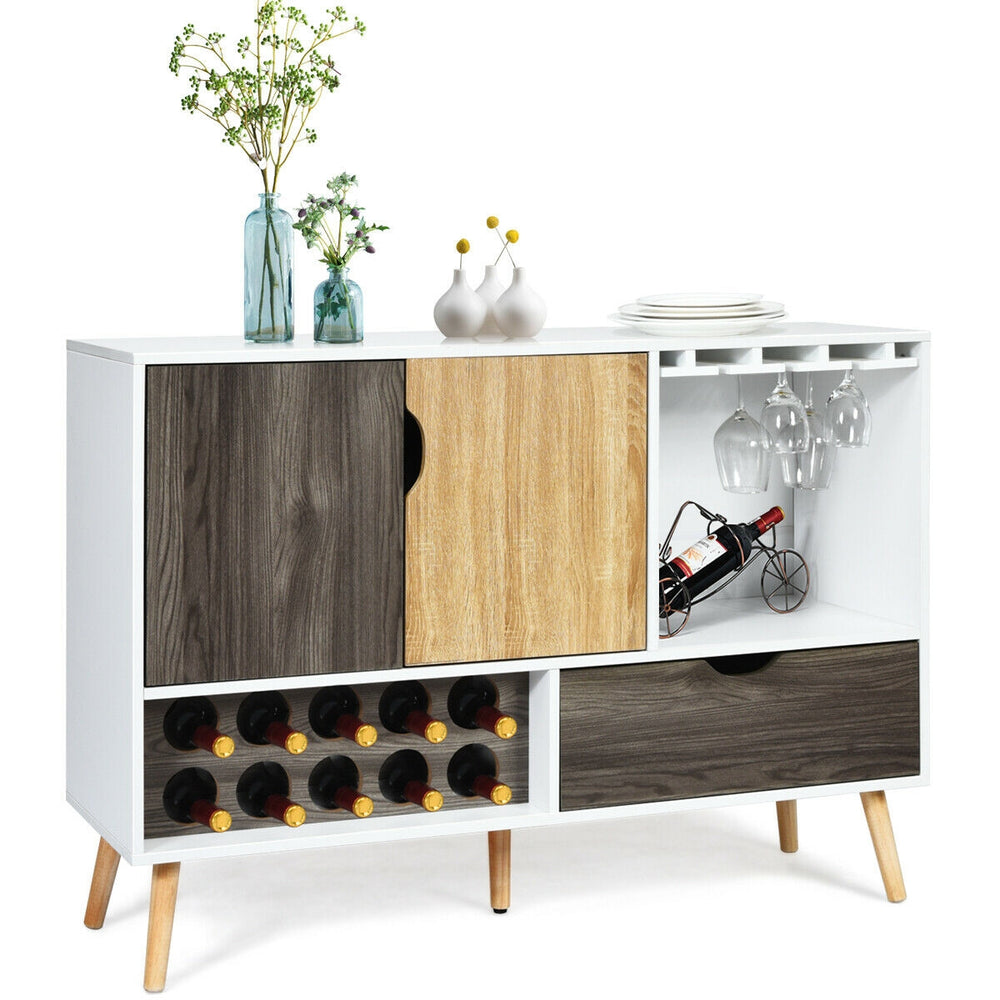 Mid-century buffet sideboard featuring a large drawer, wine glass holder, and sturdy pine legs for stable kitchen.