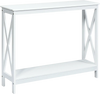 White 2-tier console table with X-design, crafted from P2 MDF, ideal for living rooms and entryways.
