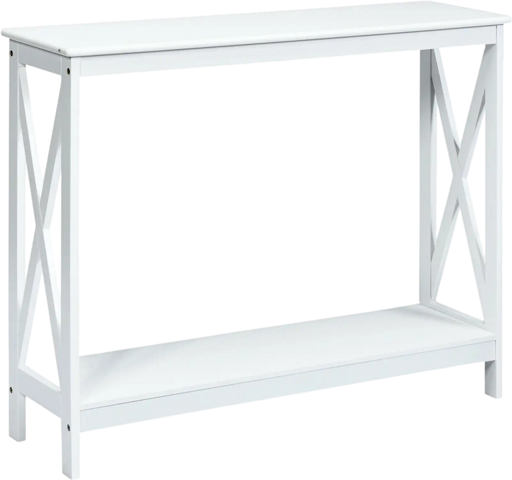 White 2-tier console table with X-design, crafted from P2 MDF, ideal for living rooms and entryways.