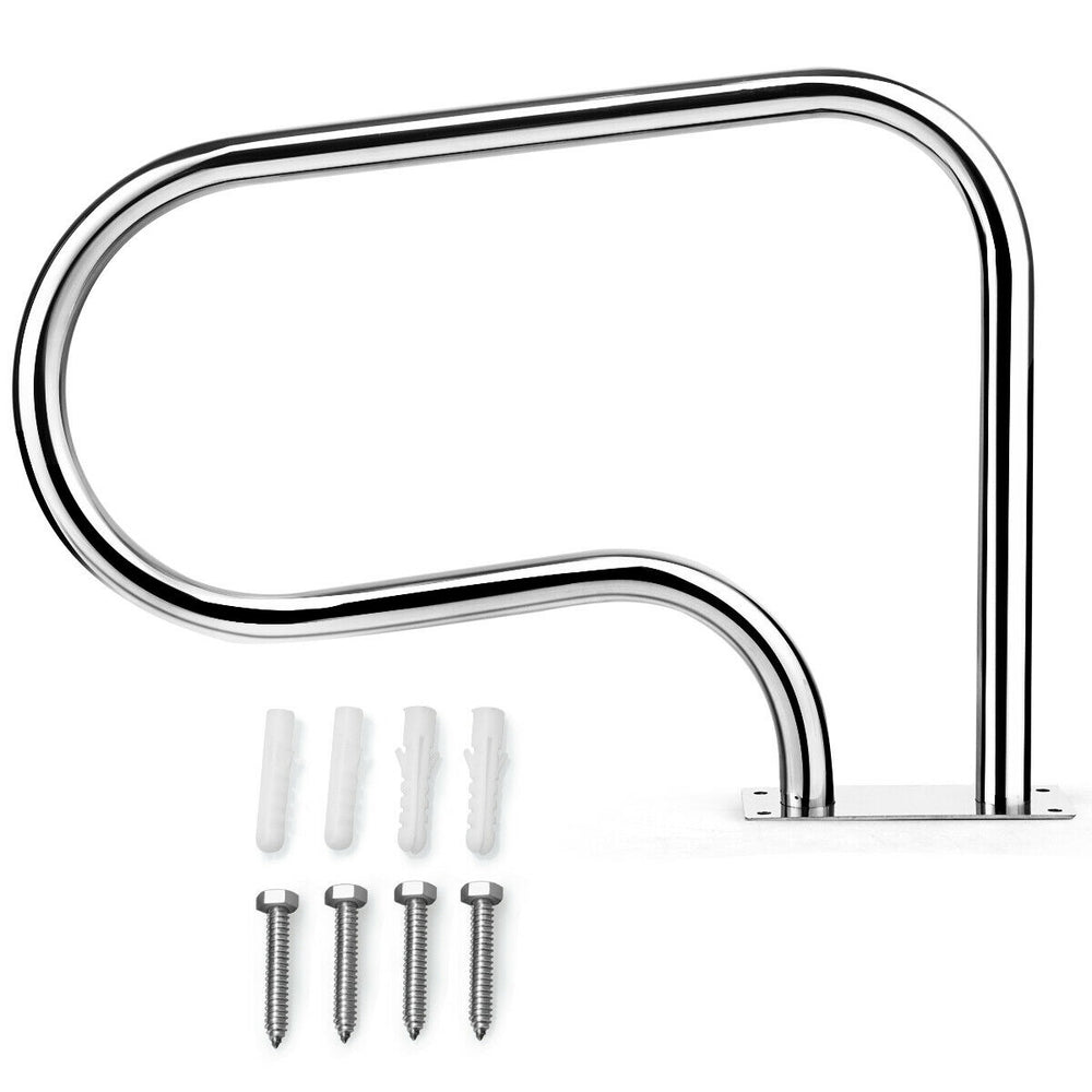 Stainless steel swimming pool handrail with base plate, 22" tall, 32" long, rust-resistant, ideal for safe pool access.