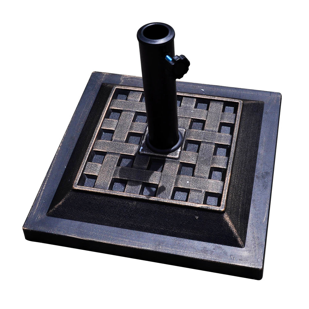 Heavy-duty 17.5-inch square umbrella base stand with decorative pattern, bronze finish, and rust-resistant steel.