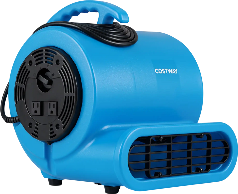 Blue 3-speed air mover with 2800 CFM airflow, adjustable angles, and anti-slip feet for efficient drying in various environments.