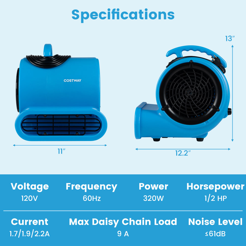 Blue 1/2 HP air mover with 3-speed settings, 2800 CFM airflow, and adjustable angles for efficient drying tasks.
