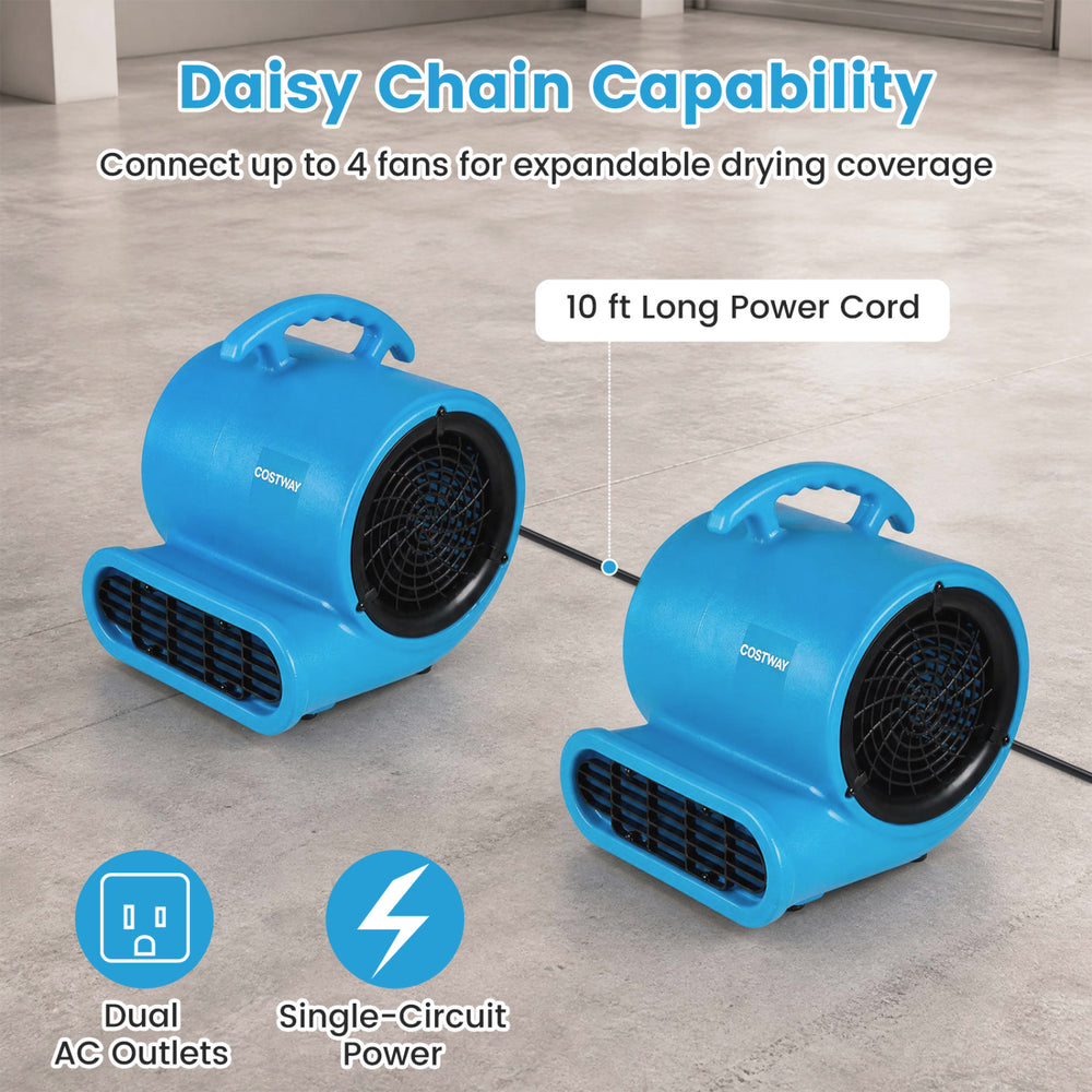 Blue commercial air mover with 3-speed settings and daisy chain capability for efficient drying in various environments.