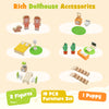 Wooden dollhouse accessories set including 2 figures, 1 puppy, and 18 furniture pieces for imaginative play.