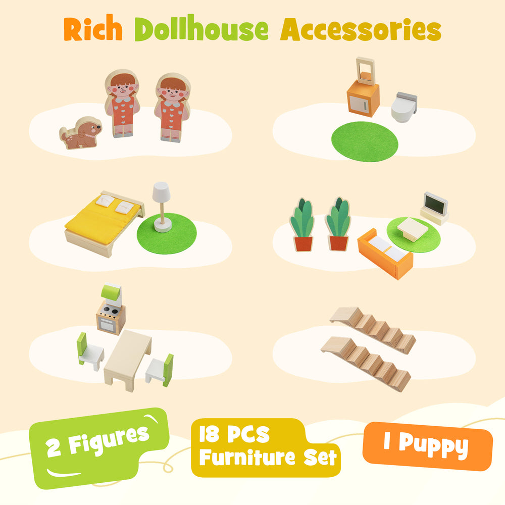 Wooden dollhouse accessories set including 2 figures, 1 puppy, and 18 furniture pieces for imaginative play.