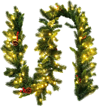 Costway 9' Pre-Lit Artificial Christmas Garland w/ Red Berries LED 37420195 New