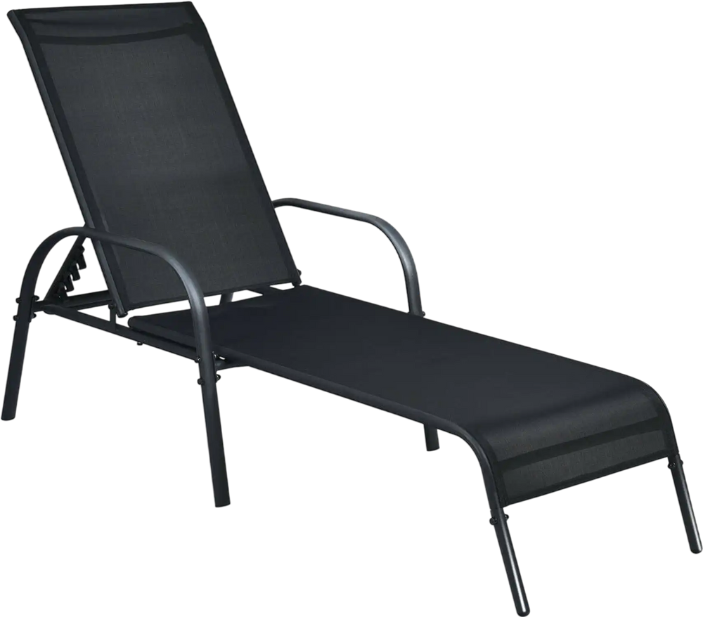 Adjustable black patio chaise lounge chair with five backrest positions, perfect for poolside relaxation or garden use.