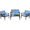 Patio furniture set featuring a cushioned loveseat and two chairs with an aluminum frame, perfect for outdoor.