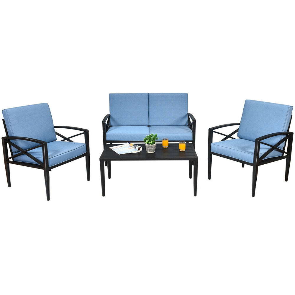 Patio furniture set featuring a cushioned loveseat and two chairs with an aluminum frame, perfect for outdoor.