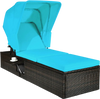 Turquoise outdoor chaise lounge chair with folding canopy, made of weather-resistant PE rattan, ideal for poolside.