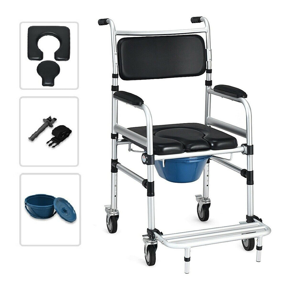 Aluminum 2-in-1 commode shower wheelchair with adjustable height, locking casters, and removable toilet for easy.