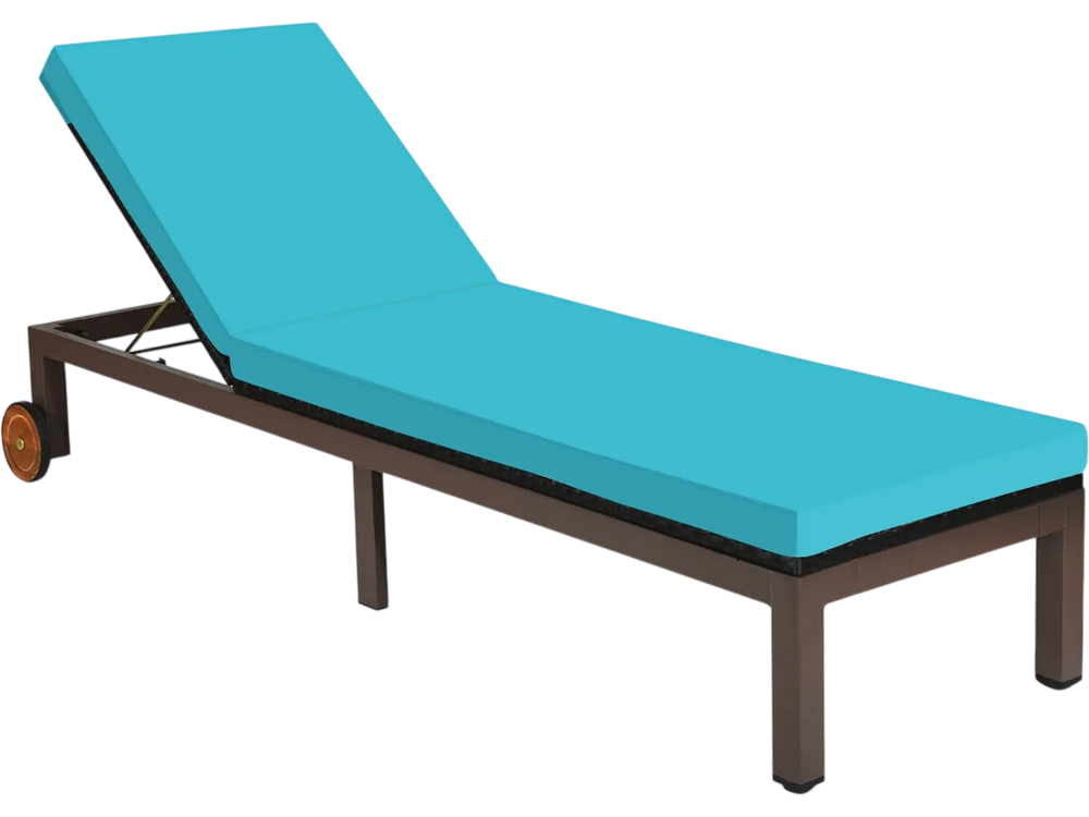 Turquoise patio chaise lounge chair with adjustable backrest and soft cushion, perfect for outdoor relaxation by the.
