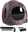 Portable pop-up ground camo blind hunting enclosure with shoot-through mesh windows for 2-3 person capacity.