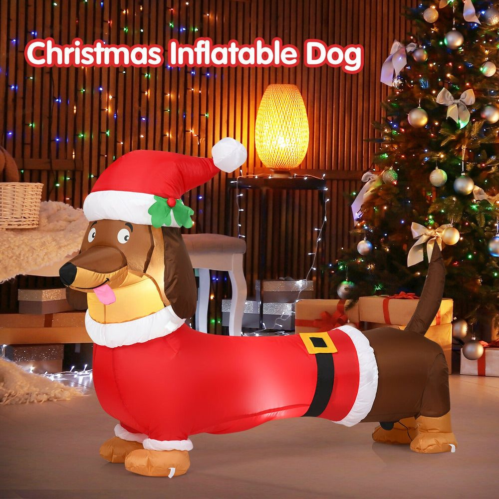 5-foot inflatable Christmas dog in a Santa outfit with LED lights, perfect for festive indoor and outdoor decoration.