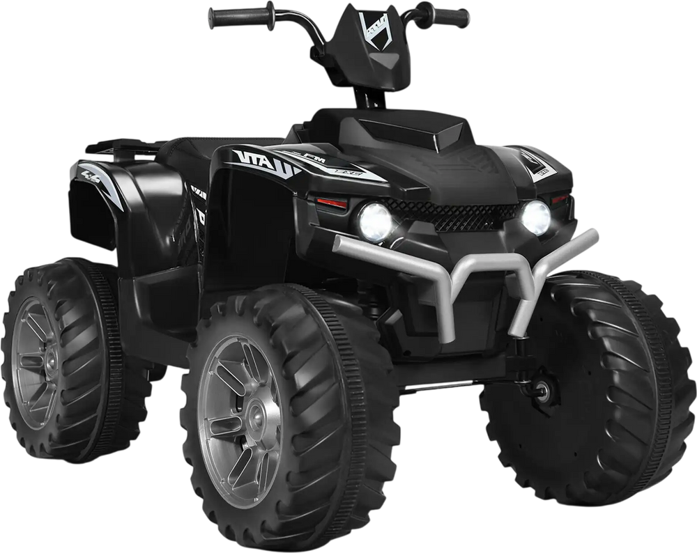 Black 12V kids ride-on ATV with LED lights, treaded tires, and simple controls for fun outdoor driving adventures.