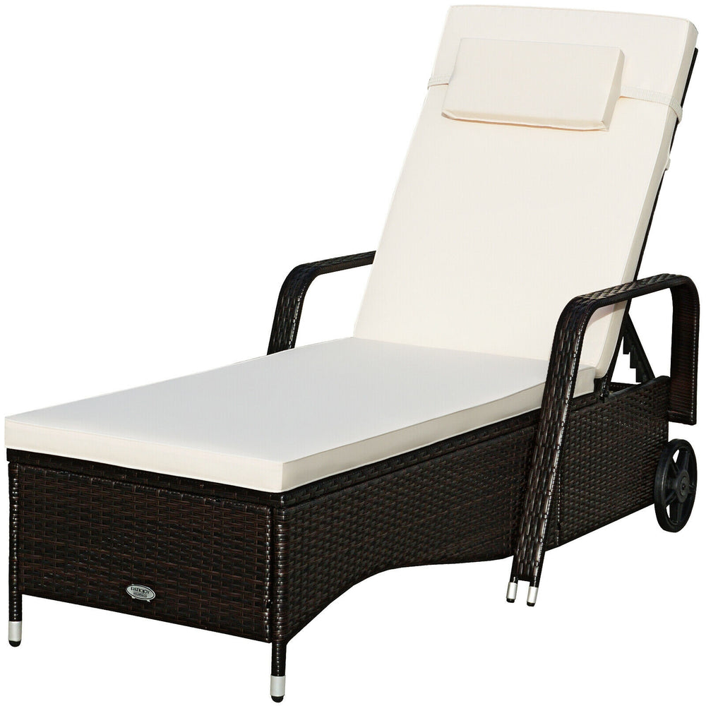 Cushioned outdoor recliner chaise lounge with adjustable backrest and PE rattan, perfect for poolside relaxation.