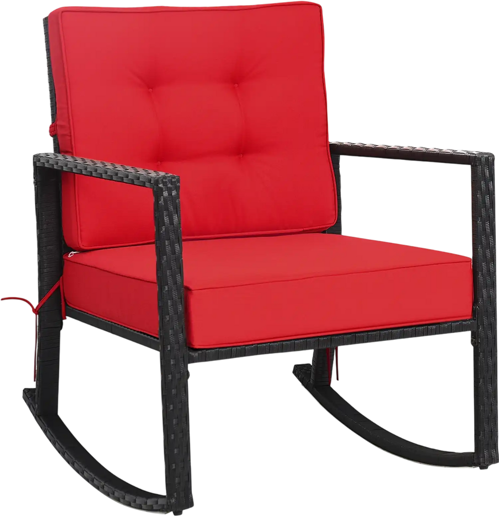 Red cushioned patio rattan rocking chair with sturdy metal frame, ideal for outdoor relaxation in garden or backyard.