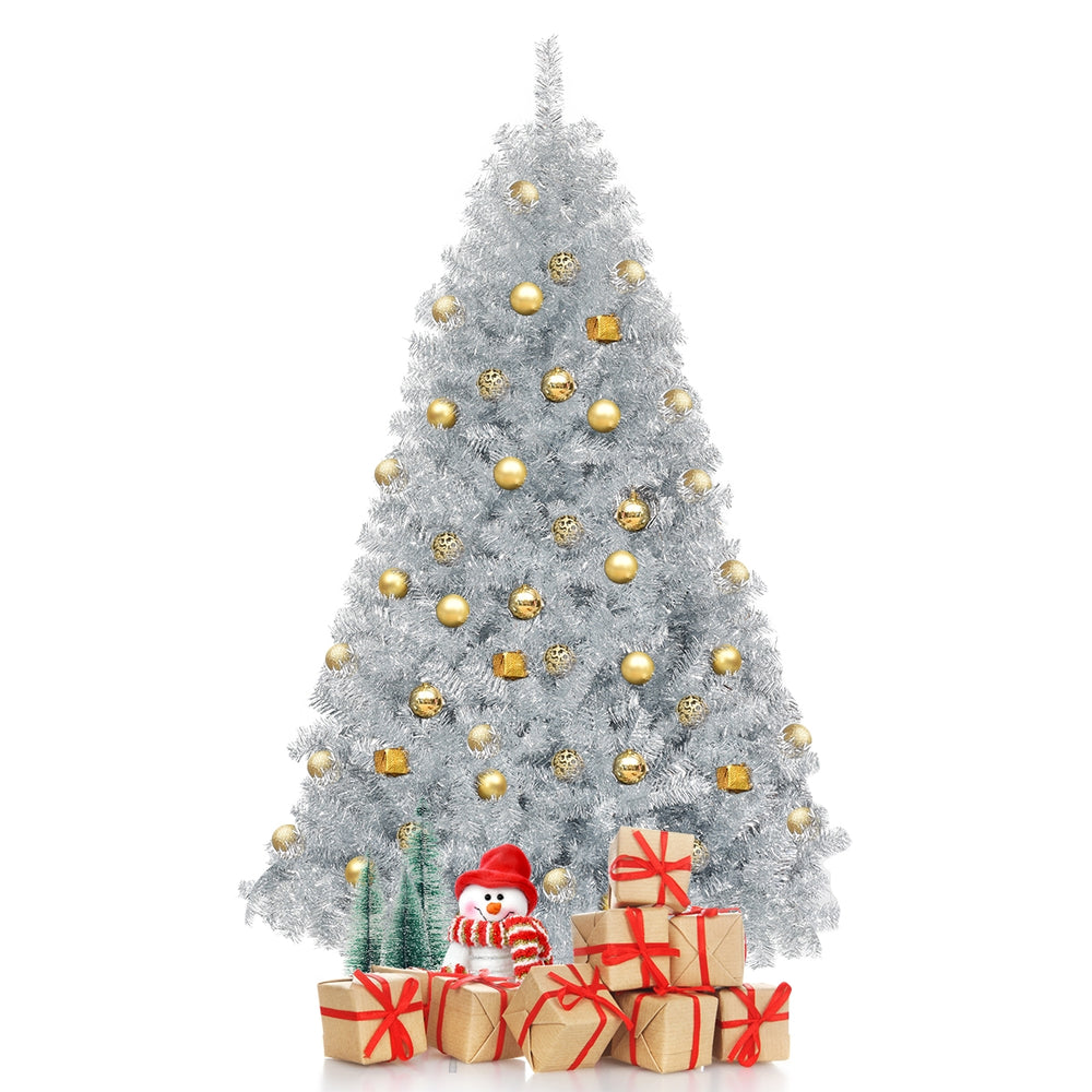 6 feet silver tinsel Christmas tree with 1036 branch tips, ideal for festive indoor and outdoor holiday decoration.