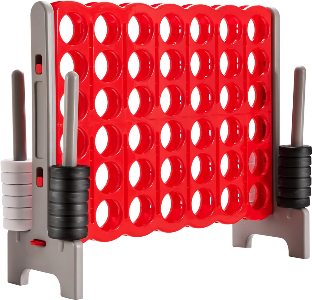 Jumbo 4 to Score game set with red rings, 3.5 feet tall, perfect for outdoor parties and improving motor skills.