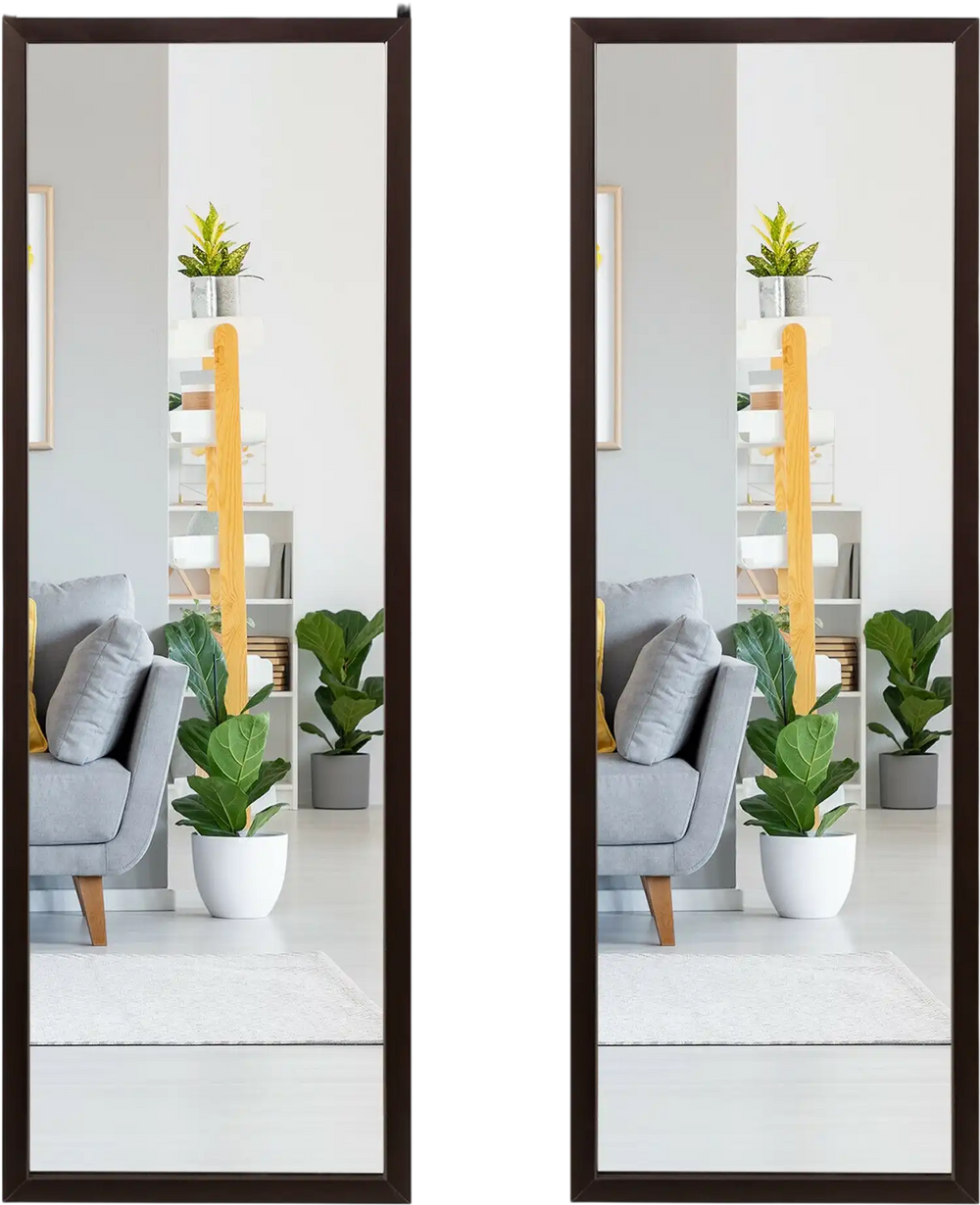 Full-length coffee metal door mirror with adjustable hooks, perfect for wall-mounting or hanging behind doors.