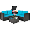 Sectional outdoor patio rattan furniture set with turquoise cushions and storage box, perfect for garden or poolside.