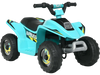 Kids electric ATV in blue with four wear-resistant wheels, designed for indoor and outdoor fun at safe speeds.