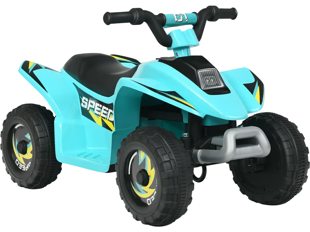 Kids electric ATV in blue with four wear-resistant wheels, designed for indoor and outdoor fun at safe speeds.