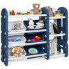 Kids toy storage organizer in blue with 6 bins and bookshelf, perfect for keeping playrooms tidy and accessible.