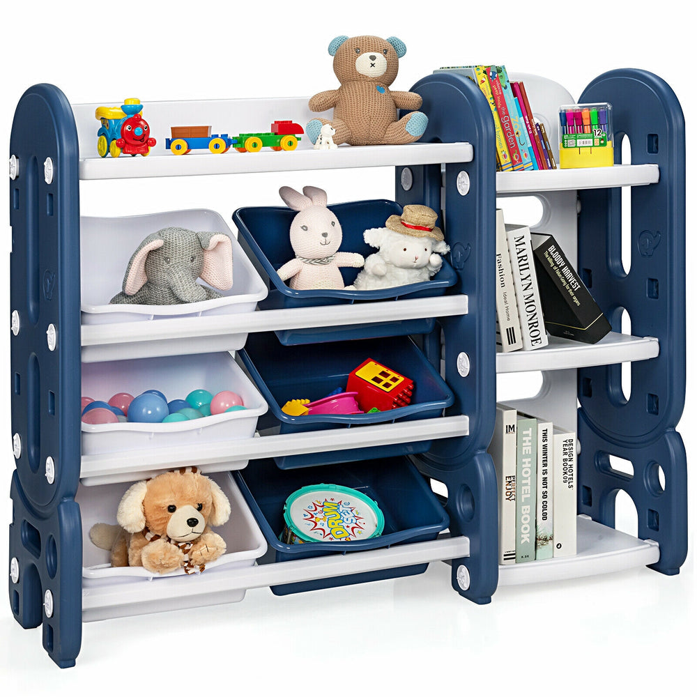 Kids toy storage organizer in blue with 6 bins and bookshelf, perfect for keeping playrooms tidy and accessible.